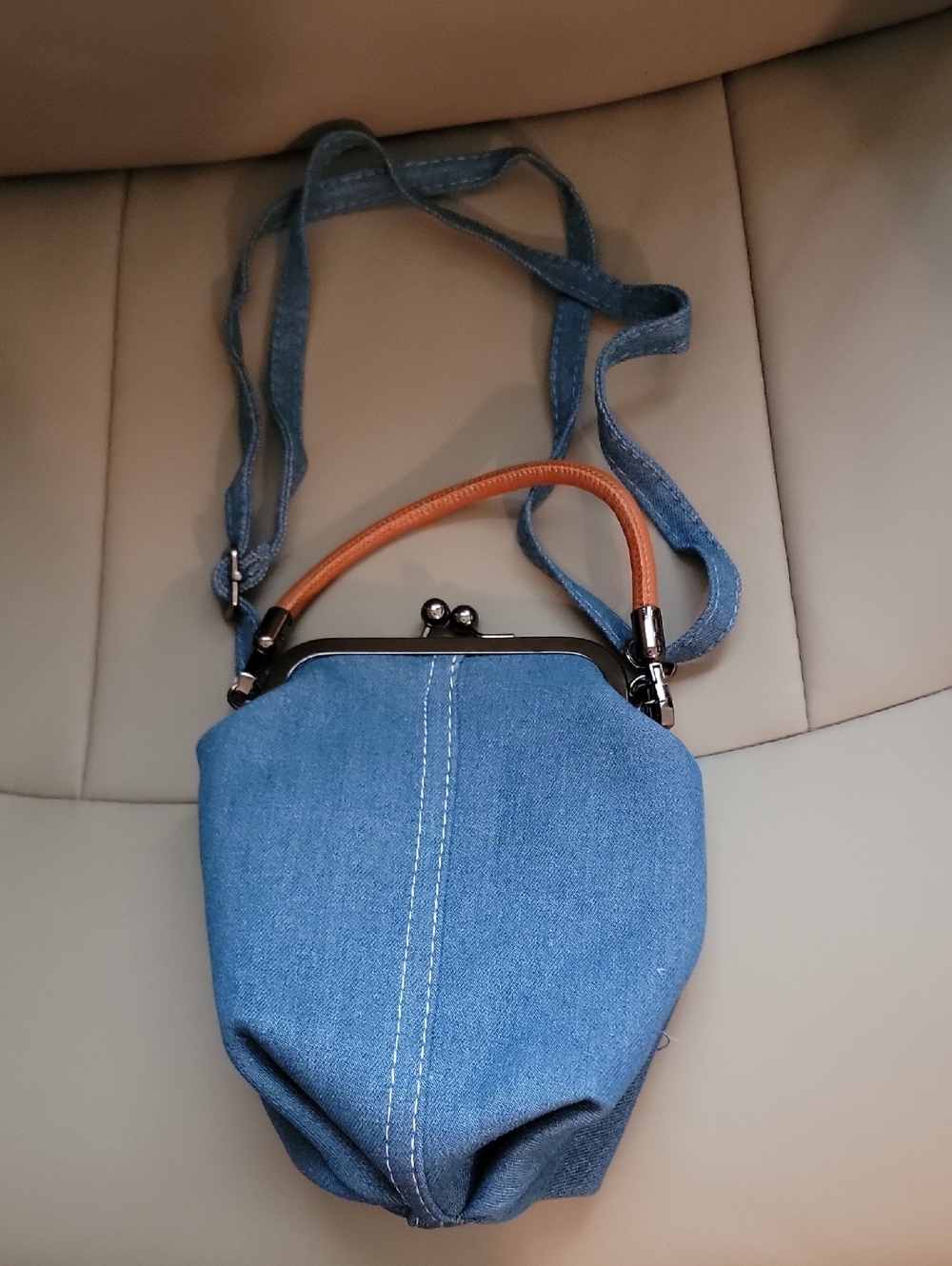 Blue Denim Shoulder Bag with Brown Top Handle